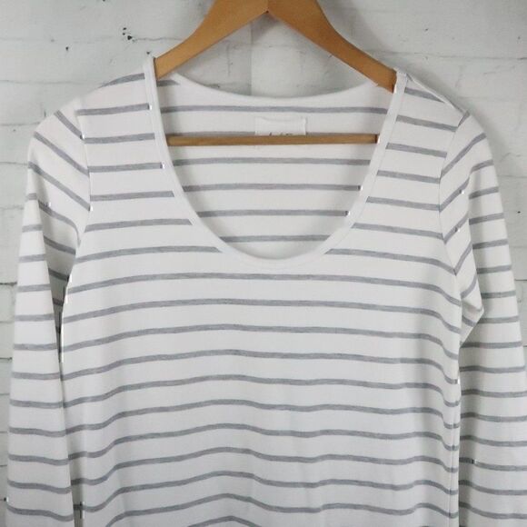 MARKET WHITE WITH GREY STRIPE ROUND NECK LONG SLEEVE CASUAL MIDI DRESS - Picture 2 of 8